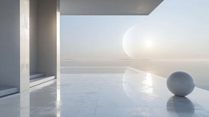 3D rendering of a modern minimalist house with a large terrace overlooking the ocean. The house is made of white concrete and has a simple geometric design.