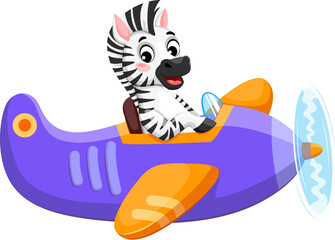 Cartoon baby zebra animal character on plane. Isolated vector adorable african personage flying in skies. Animal kid airplane pilot ready to embark on exciting airborne adventure with a friendly smile