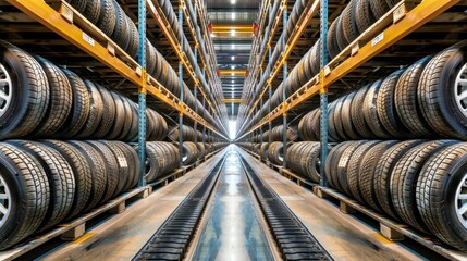 Large variety of brand new car tires stored in a fully stocked warehouse environment