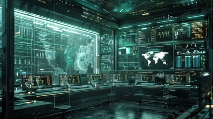 The inside of a futuristic secret military base with screens showing world maps and statistics.