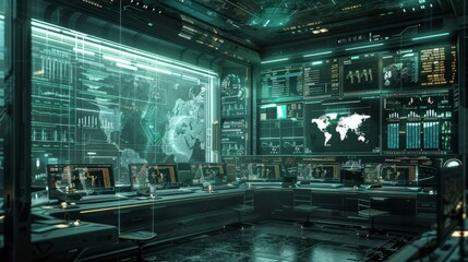 Fototapeta premium The inside of a futuristic secret military base with screens showing world maps and statistics.
