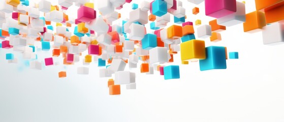 Vibrant 3D cubes tumbling against a bright white background, symbolizing order and chaos in digital technology,