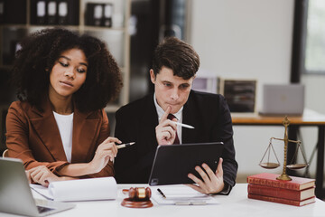 Lawyer or judge consult, Two female lawyers discussing about contract and agreement concept.