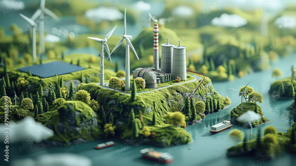 Aufkleber Traceability in supply chains for mining and industry. 3d isometric block of terrain on a green background. sustainable energy concept. Wind turbines, a dam, and a solar energy plant. Generative AI.