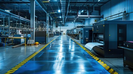 Fototapeta premium The production floor of a big digital printing company with large print machines printing packaging designs. copy space for text.