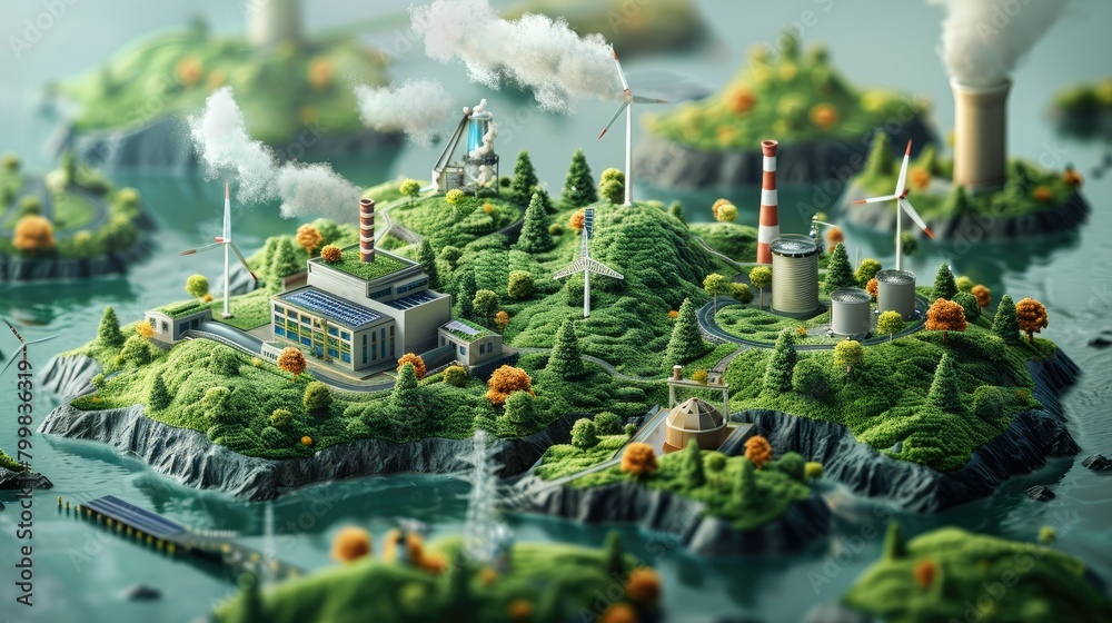 Poster Traceability in supply chains for mining and industry. 3d isometric block of terrain on a green background. sustainable energy concept. Wind turbines, a dam, and a solar energy plant. Generative AI.