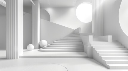 White minimalist architectural space with stairs and columns