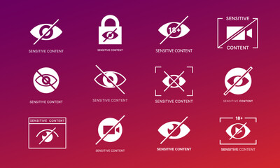 Sensitive content icons. Vector set of symbols used to alert viewers of potentially upsetting or explicit material in social media platforms or websites. Censored warning, inappropriate photo or video