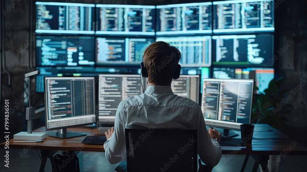 Poster Engineer at work in a modern office, engrossed in multiple computer screens displaying code, logs, and infrastructure diagrams. Generative AI.