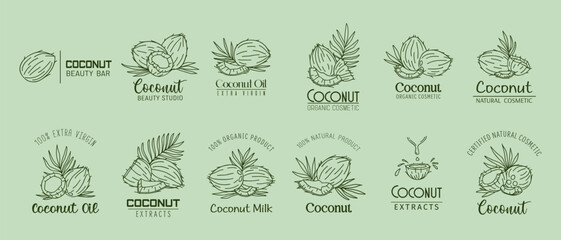 Coconut oil cosmetics icons. Vector emblems in elegant linear style, encapsulating natural beauty and nourishment. Natural, organic, extra virgin tropical coconut oil cosmetic and beautician products