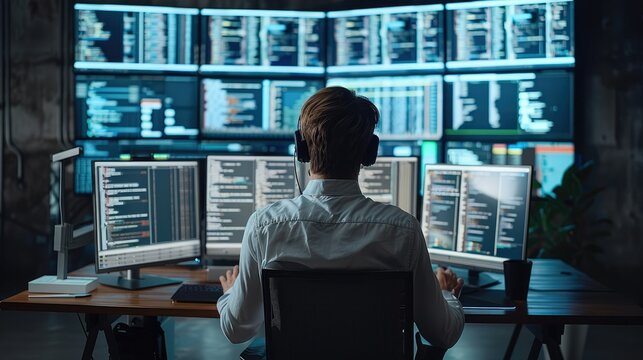 Engineer at work in a modern office, engrossed in multiple computer screens displaying code, logs, and infrastructure diagrams. Generative AI.