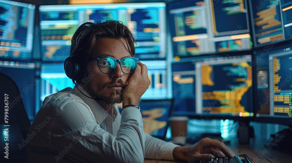Poster Engineer at work in a modern office, engrossed in multiple computer screens displaying code, logs, and infrastructure diagrams. Generative AI.