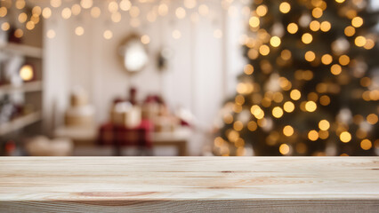 Empty wooden table over defocused christmas background with copy space
