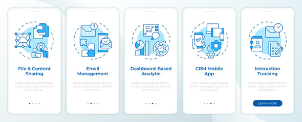 CRM organizational benefits blue onboarding mobile app screen. Walkthrough 5 steps editable graphic instructions with linear concepts. UI, UX, GUI template. Montserrat SemiBold, Regular fonts used