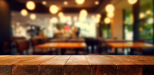 Empty wooden table for product placement or montage with focus to the table top, blurred bokeh background . - Powered by Adobe