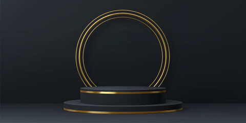 Round black podium stage with golden frame or arch. Vector elegant background for events, speeches and presentations. Sleek and modern circular platform for cosmetics, exhibition showcase for products