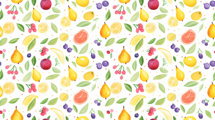 A seamless pattern of hand-painted lemons, pears, and berries.