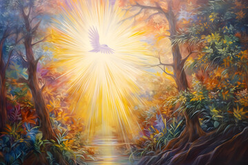 Heavenly Sunlit Sanctuary, abstract landscape art, painting background, wallpaper, generative ai