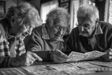 Older couple reading newspaper together at table in black and white