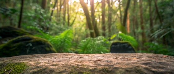 Empty rock table for product display in jungle of Tasmania, Australia. Nature product advertisement...