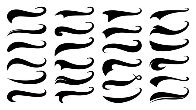 Baseball swoosh tails, isolated black vector curly lines, text underlines. Sports swash shapes set in retro style. Swirl strokes, swish typography font elements for athletics, baseball decoration
