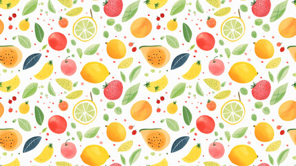 A seamless pattern of watercolor fruits and vegetables.