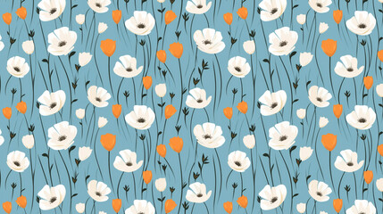 A seamless pattern of white and orange flowers on a blue background.