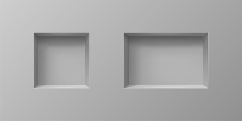Grey wall 3D niches of box shelf and gallery display frames, vector empty bookshelf showcase. Niche shelves inside of gray wall, exhibition show racks or museum and boutique shop display background
