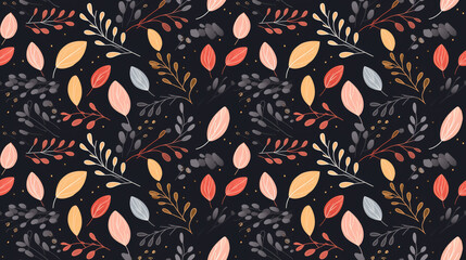Fototapeta premium A seamless pattern with hand-drawn leaves and branches in a folk art style.