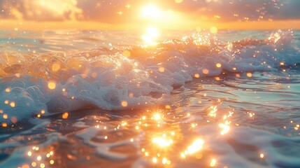 The crystal clear waves leap high, with golden sunlight sprinkled across the sea surface....