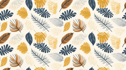A seamless pattern with hand-drawn tropical leaves in a retro style.