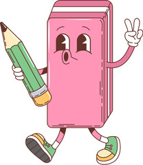 Cartoon retro groovy school eraser character. Isolated vector funny anthropomorphic pink rubber educational supply with friendly face walking and holding a pencil while making peace sign with one hand