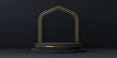 Ramadan podium, golden Islamic arch on black stage for Muslim holiday, vector background. Round platform podium or display mockup with golden arch frame in shape of Islam mosque window frame