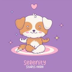 Fototapeta premium Cute dog meditating . Funny cartoon kawaii character animal. Card with pet yogi sitting in an asana. Vector illustration. Kids collection.
