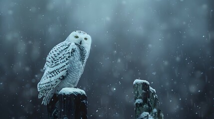 Snowy owl perched silently in a snowstorm, haunting 4K wallpaper