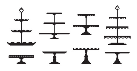 Wedding cake stands and platter trays or dessert plates and table tiers, vector silhouette icons. Wedding cake serving stand or pastry platters for restaurant food, bakery pies podium or level tray