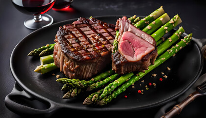 Roasted rib eye steak with green asparagus and wine on dark background
