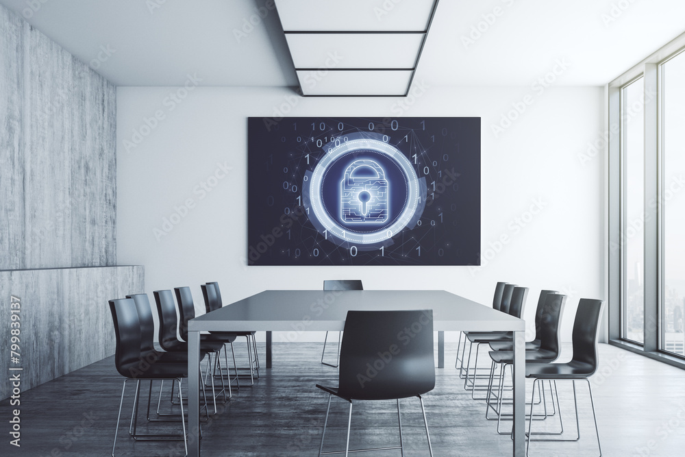 Poster Creative lock sketch with chip hologram on presentation monitor in a modern boardroom, protection of personal data concept. 3D Rendering