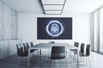 Creative lock sketch with chip hologram on presentation monitor in a modern boardroom, protection of personal data concept. 3D Rendering
