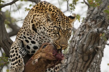 Leopard eating on an impala kill up in a tree.