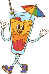 Cartoon retro groovy cocktail drink character. Vintage cheerful summer refreshing drink sticker, retro cute beverage personage or isolated vector 60s funny mascot. Hippie cocktail happy character