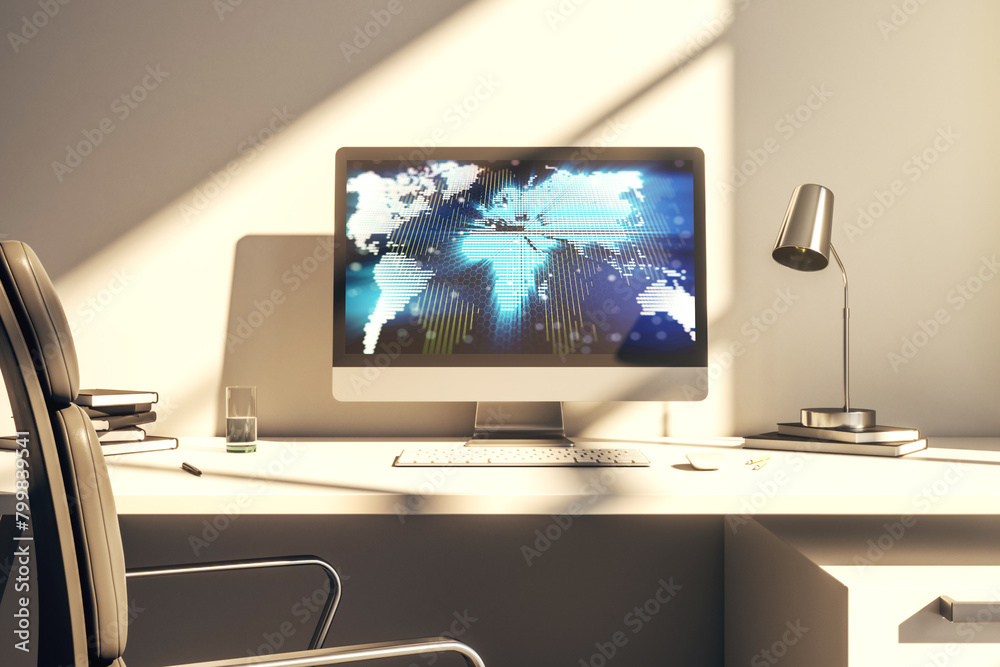Aufkleber Computer monitor with abstract creative digital world map, globalization concept. 3D Rendering