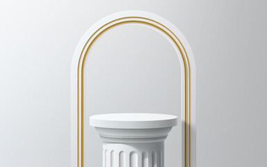 Column podium with golden arch, product display or showcase stand mockup, vector background. White marble or gypsum column pillar podium with arch and golden shine bezel for premium product display