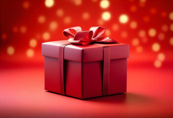 Obraz premium A red gift box with a bow on top, surrounded by a red background with bokeh lights