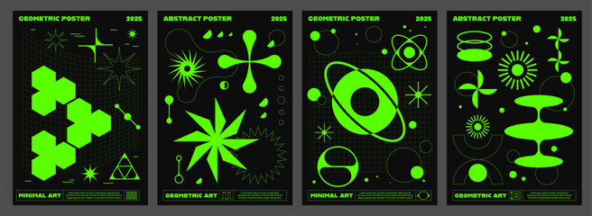 Acid brutal Y2K posters with abstract geometric shapes and futuristic elements, vector backgrounds. Y2K poster or cover templates with acid green brutal geometric elements and futuristic techno shapes