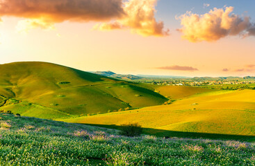 spring or summer beautiful landscape of green hills and flowering meadow with fields and mountains and amazing cloudy sunset sky on backgeound