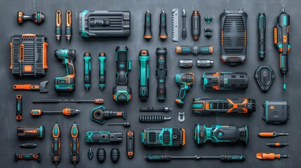 Assortment of high-quality professional power tools layout for home improvement projects