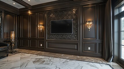Fototapeta premium The wall had a dark gray textured wallpaper, with a flat screen tv on the wall. There was ornate wood trim and lighting in the background, with marble floors. Generative AI.