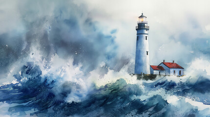 A watercolor lighthouse amid stormy seas, with waves crashing around it. The light house is blue and white with a red roof-Enhanced-SR