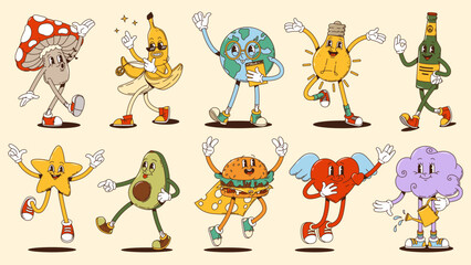 Cartoon hippie groovy characters, globe and beer bottle, star and burger, heart and banana, cloud and light bulb, mushroom and avocado trippy, psychedelic expressive personages isolated vector set
